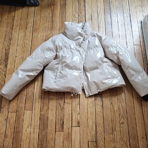 Pretty Little Thing Funnel Neck Cream Puffer Winter Jacket  Cropped Sz M